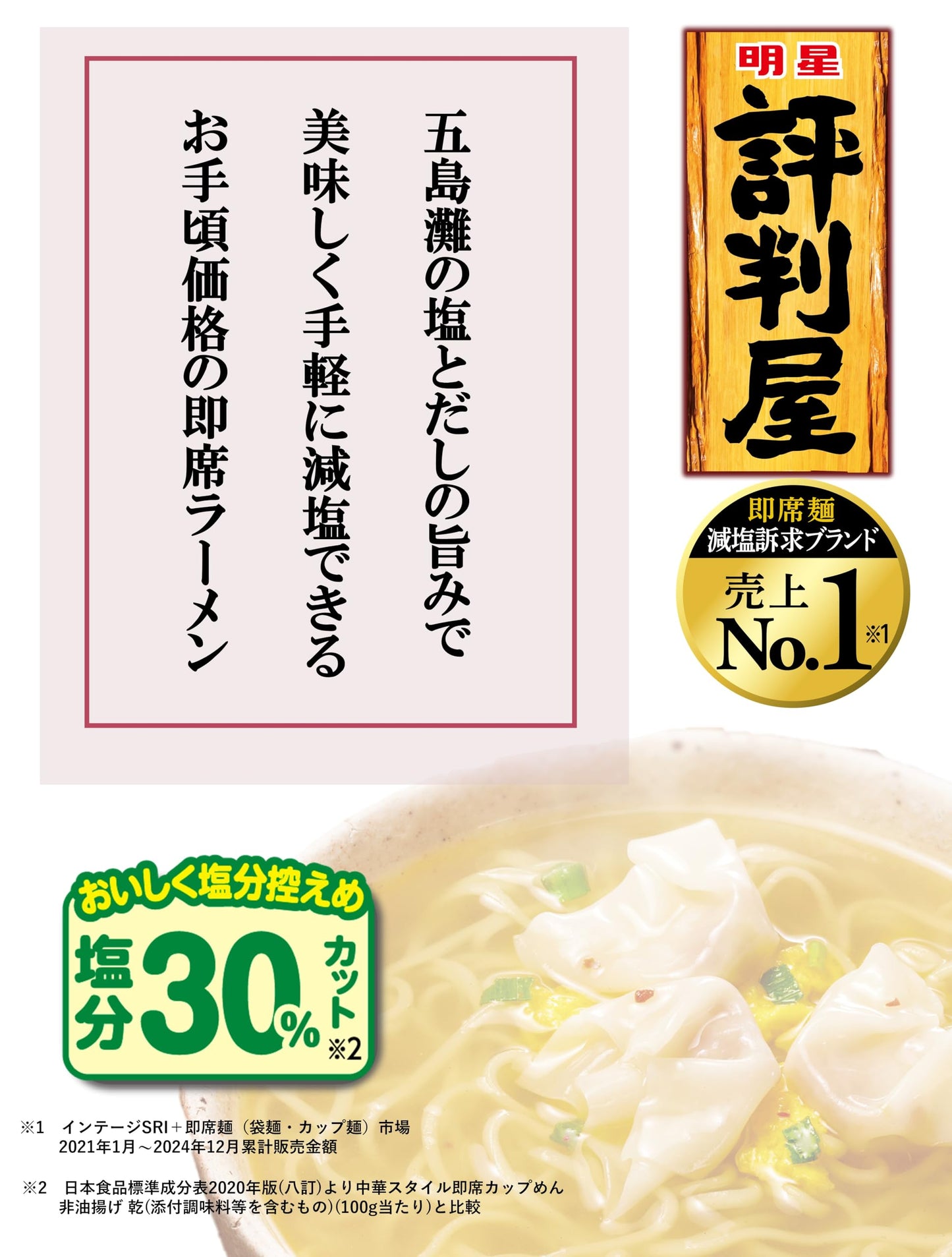 明星 評判屋 わんたん塩ラーメン[12個入、カップ麺、即席めん減塩訴求ブランド売上№1※1、塩分30%カット※2、ノンフライ麺、香味野菜香る鶏と昆布の旨みだし、67g]